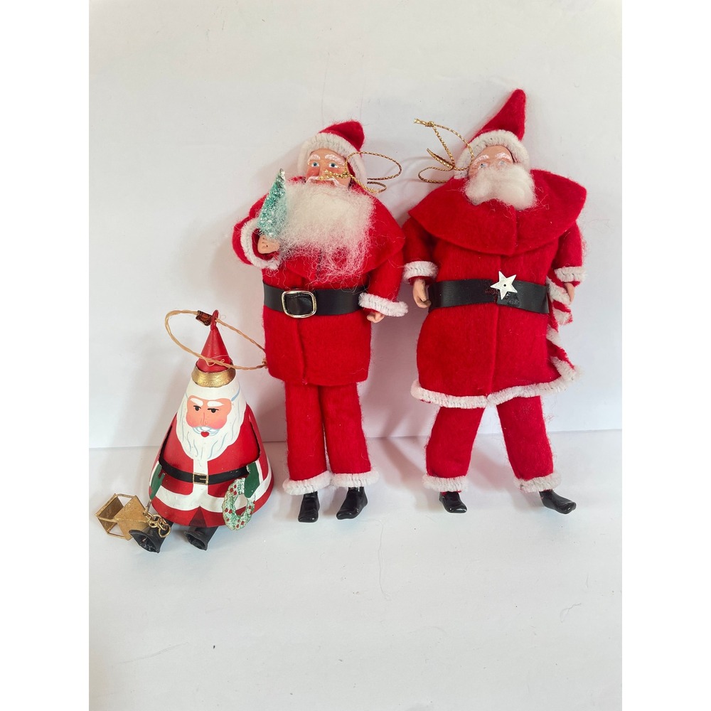 Vintage Santa Claus Ornament Set Red Felt Posable Figures & Metal Cone Santa